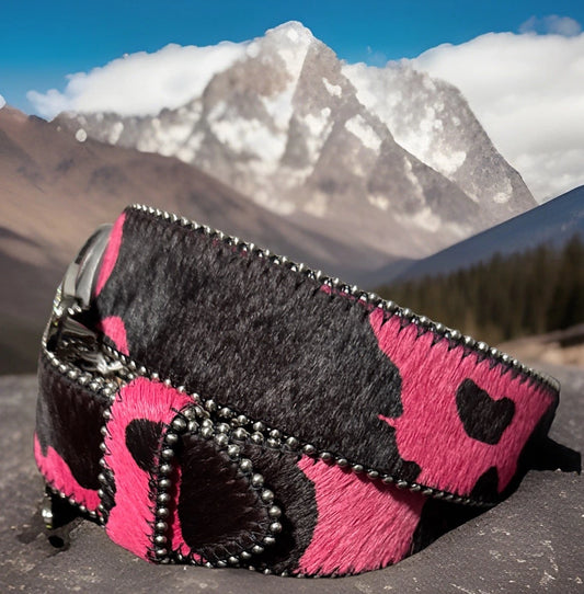 Rhinestone Cow Print Hair-On Hide Belt - Western Bling