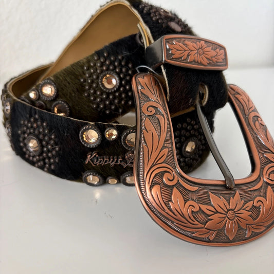 Rhinestone Floral Hair-On Hide Statement Belt - Western