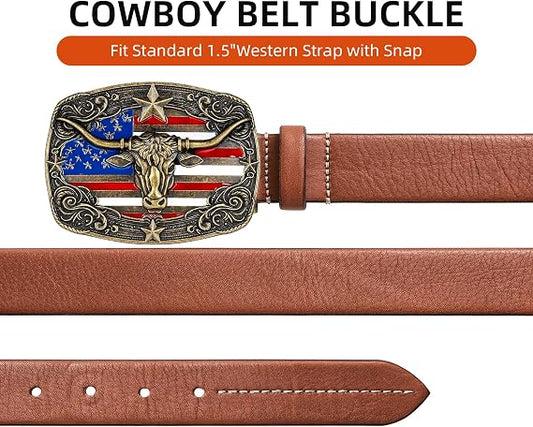 Longhorn Bull Rodeo Belt Buckle - American Flag Detail