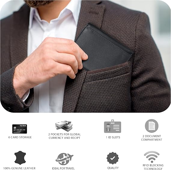 Slim Minimalist Trifold Leather Wallet with RFID Blocking