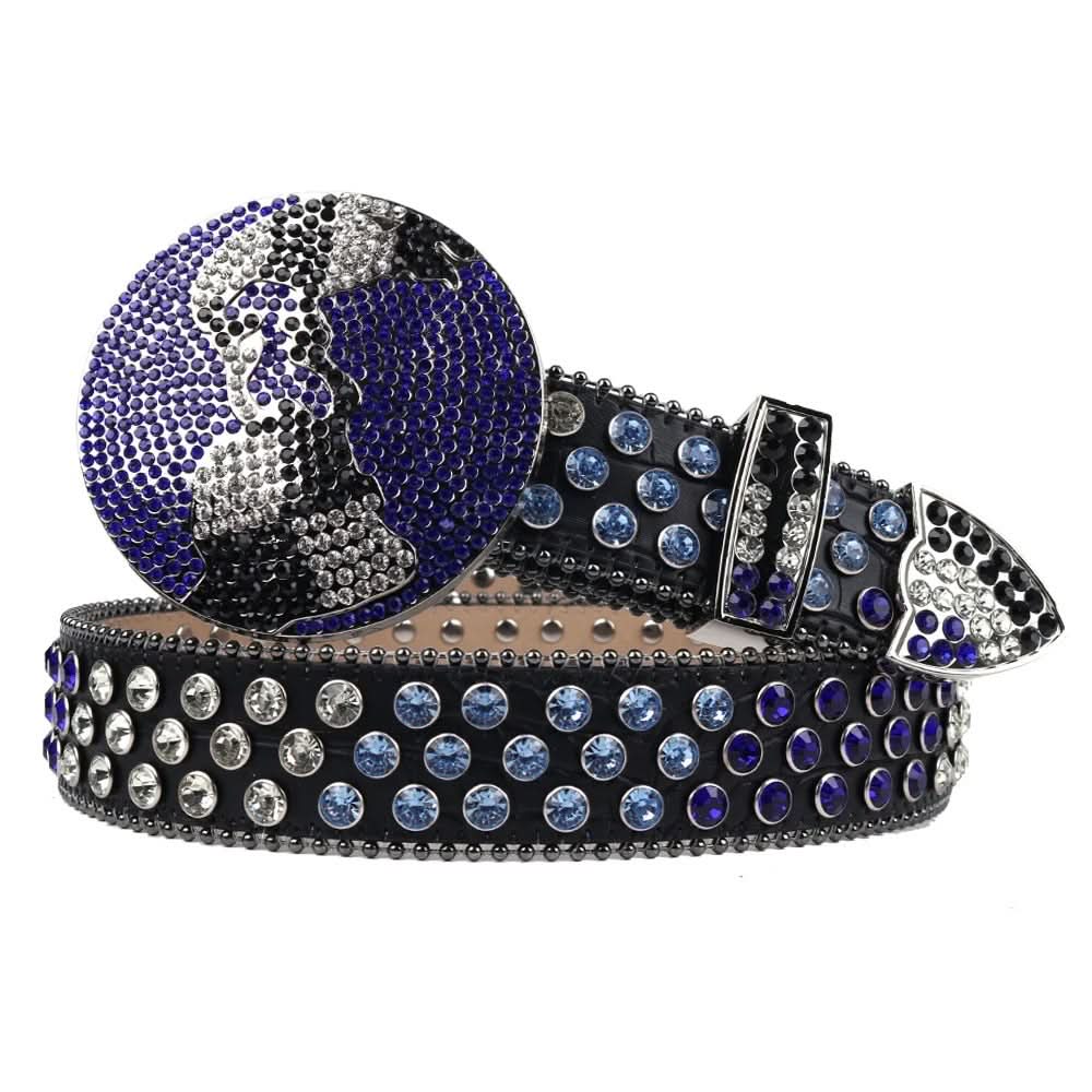 Sparkling Blue Glitter Western Rhinestone Belt with Globe Buckle