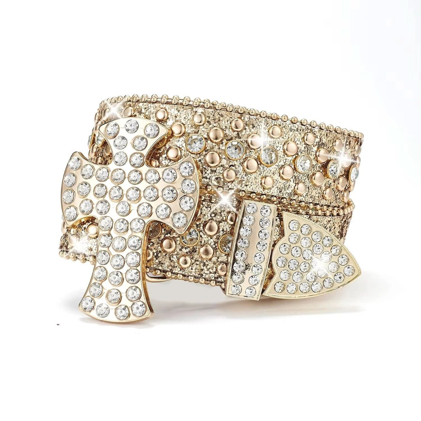 TRB Gold Crystal Cross Buckle Rhinestone Belt - Statement Luxury