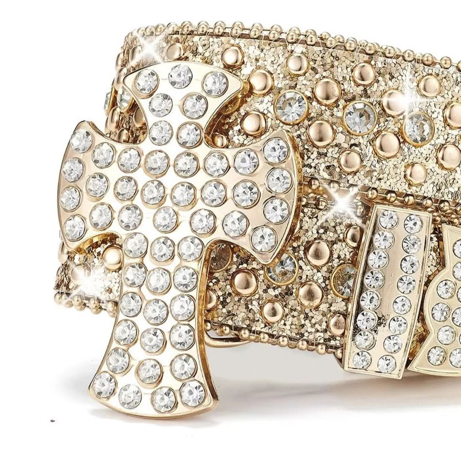 TRB Gold Crystal Cross Buckle Rhinestone Belt - Statement Luxury