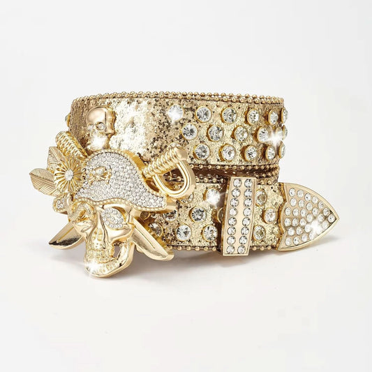 Edgy Glitter Strap Rhinestone Belt - Pirate Skull Statement Buckle