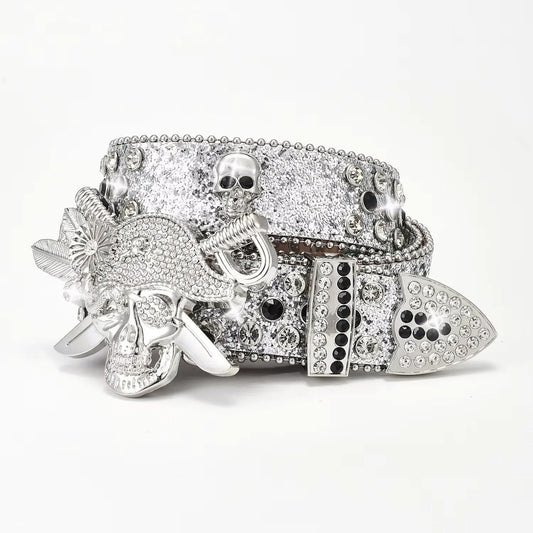 Pirate Skull Rhinestone Belt - Silver Statement Streetwear