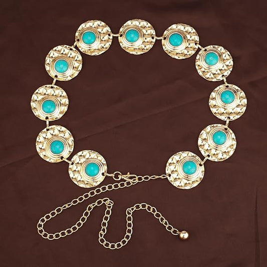 Turquoise Stone Punk Concho Belt - Retro Gold Waist Chain