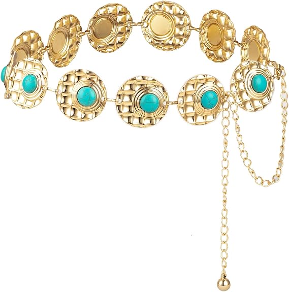 Turquoise Stone Punk Concho Belt - Retro Gold Waist Chain