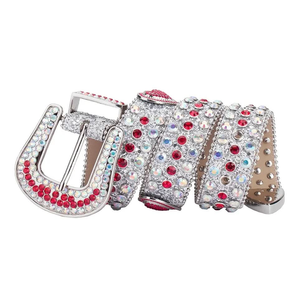 Unisex Red Crystal Heart Rhinestone & Silver Glitter Statement Belt