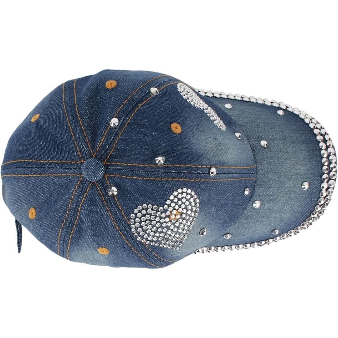 Women's Heart Studded Rhinestone Denim Baseball Cap – Stylish & Sparkly