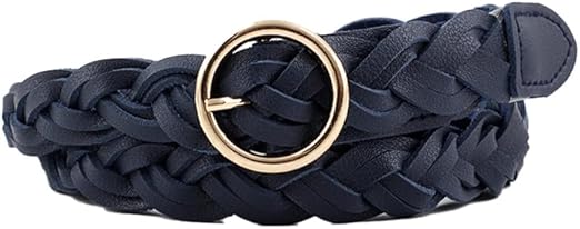 Women's Skinny Woven PU Leather Belt – Navy