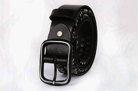 Punk Street Cowhide Leather Belt - Skull Rivet Biker Edge