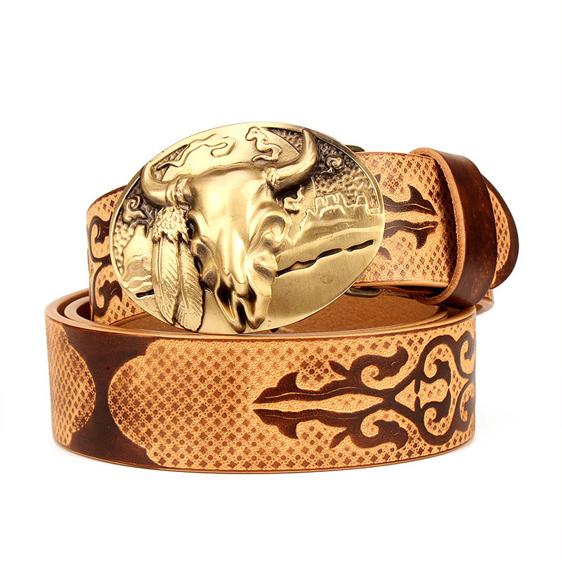 Western Ethnic Cowhide Leather Belt - Embossed Durability Style