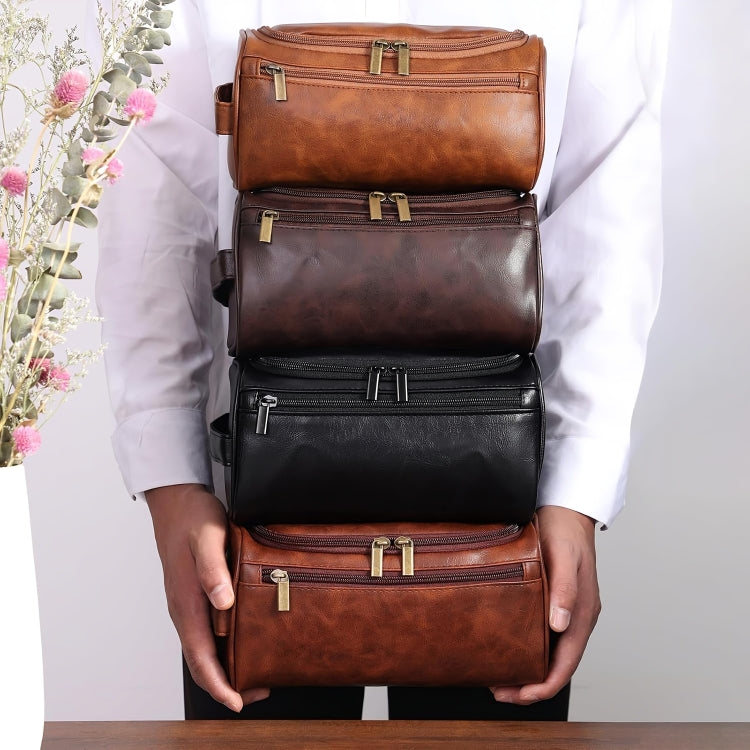 Dark Brown Hanging Leather Toiletry Bag with Metal Hook
