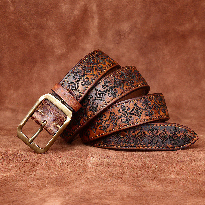 Carved Double-Sided Cowhide Leather Belt