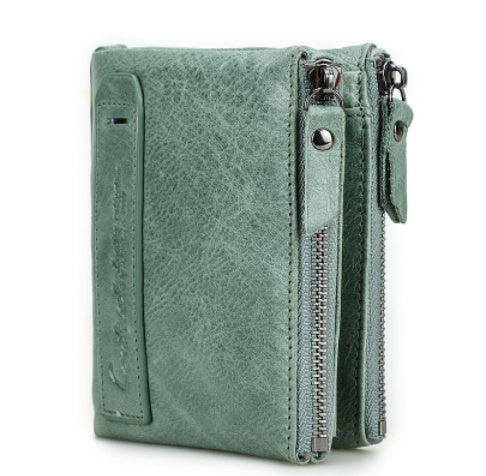 Black Angel Leather Men's Wallet Short Fashion Coin Purse Crazy Horse Cowhide Double Zipper Wallet