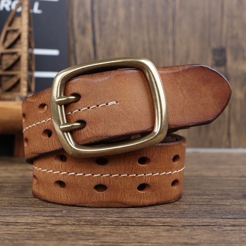 Retro Double Needle Brass Buckle Cowhide Men’s Belt
