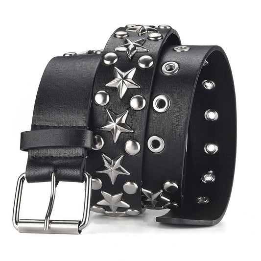 Star Eyelet Biker Faux Leather Belt - Rugged Denim Edge Style