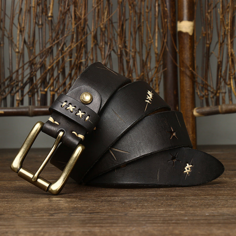 Washed-Out Vintage Cow Leather Pin Buckle Jeans Belt