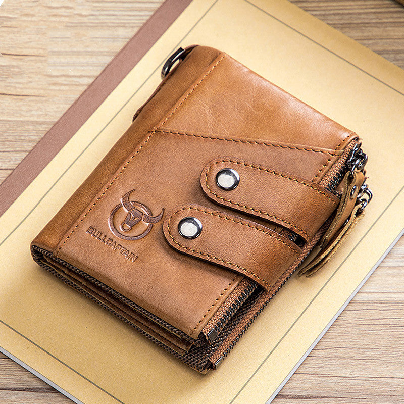 Men’s Genuine Leather Retro Zipper Tri-fold Wallet – First Layer Cowhide, Multiple Compartments