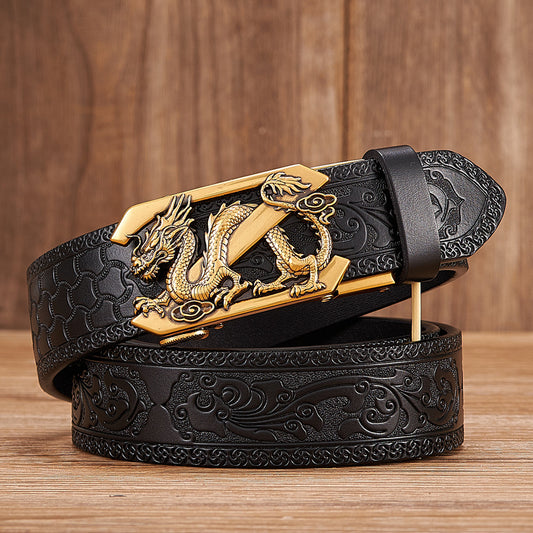 Western Leather Auto Buckle Belt - Dragon Embossed Style