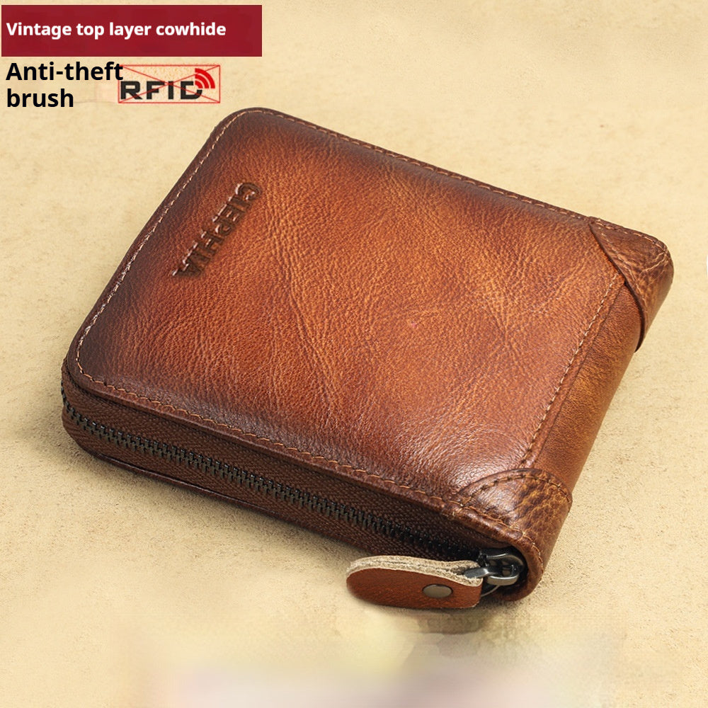 Men’s Short Leather Wallet – Anti-theft RFID Zipper Multifunctional