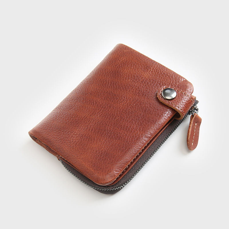 Men’s Short Bifold Wallet With Zipper, Genuine First Layer Cowhide Leather, Casual Horizontal And Vertical Styles