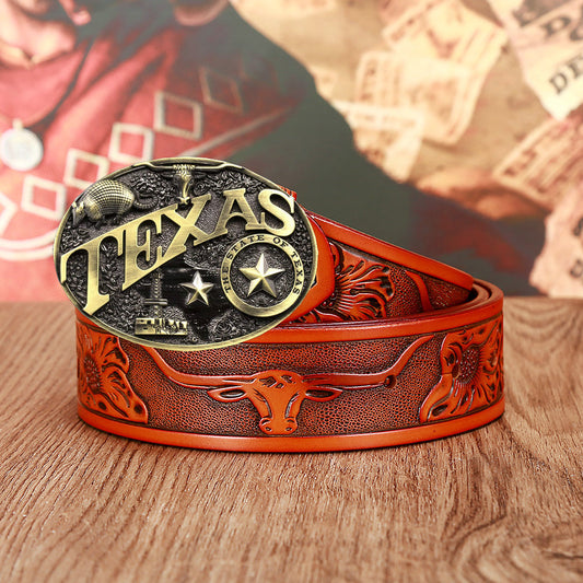 Western Leather Belt - Texas Cow Head Statement Style