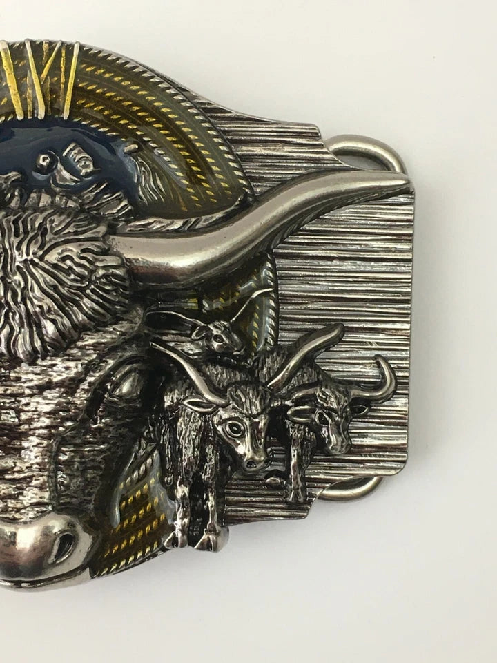 Men's Western Cowboy Belt Buckle - Texas Bull & Horse, Silver Metal