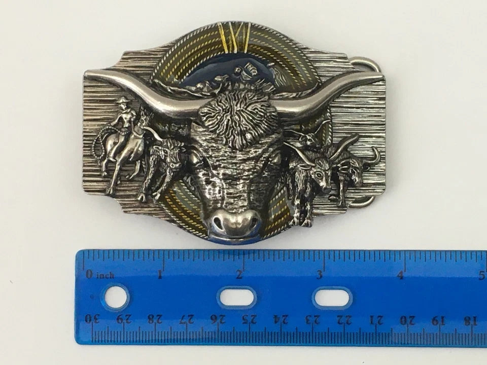 Men's Western Cowboy Belt Buckle - Texas Bull & Horse, Silver Metal