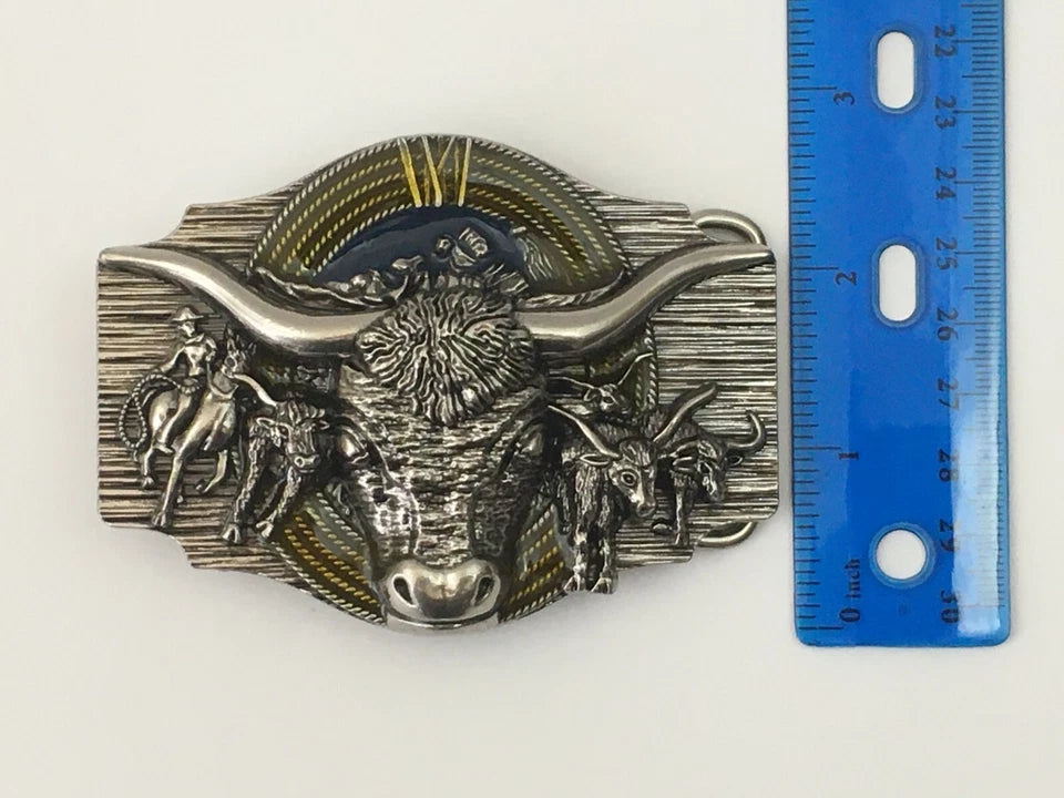 Men's Western Cowboy Belt Buckle - Texas Bull & Horse, Silver Metal
