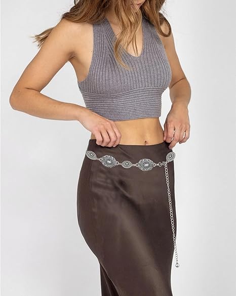 Women's Western Concho Chain Belt – Silver & Turquoise
