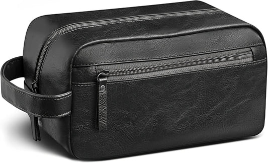 Black Water-Resistant Leather Toiletry Bag for Travel