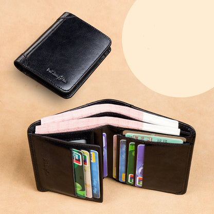Men’s Genuine Leather Trifold Wallet – No Zipper, Coin Pocket, Slim & Compact Design in Black & Brown
