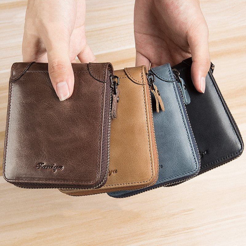 Men’s Short Leather Wallet – First Layer Cowhide, Zipper Design
