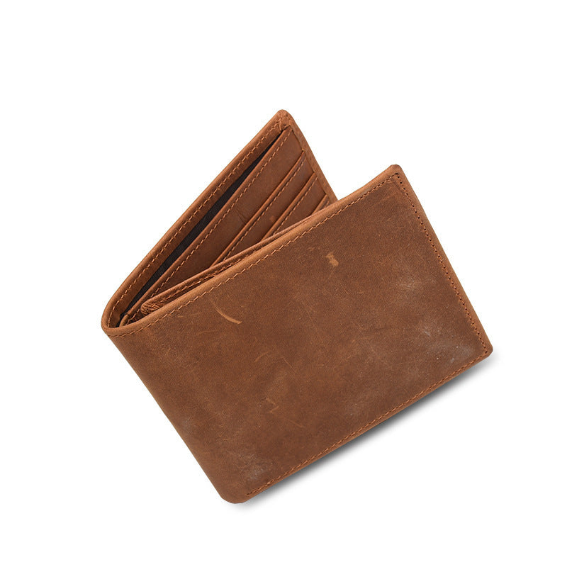 Men’s Crazy Horse Leather Wallet – Vertical Design with Custom Laser Lettering, First Layer Cowhide
