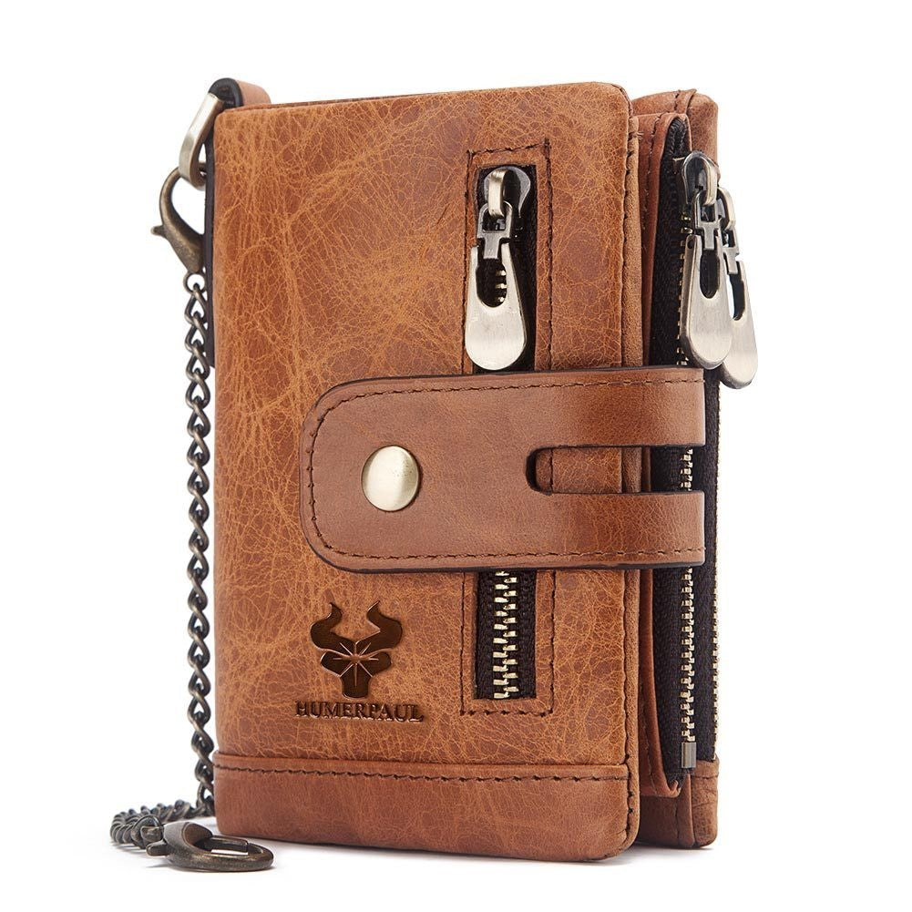 Men’s Bifold Genuine Leather Wallet with Double Zipper, RFID Blocking, Card Holder & Coin Pocket