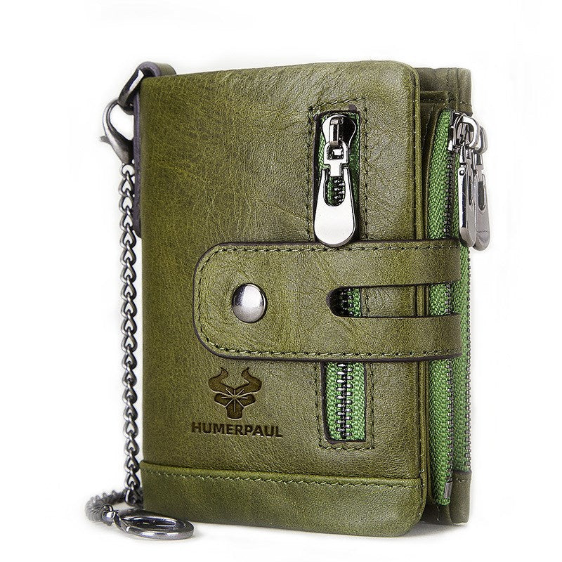 Men’s Bifold Genuine Leather Wallet with Double Zipper, RFID Blocking, Card Holder & Coin Pocket