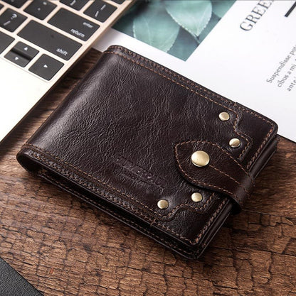 Men’s Multi-Card Real Cowhide Leather Anti-Magnetic Tri-Fold Wallet With Retro European And American Style