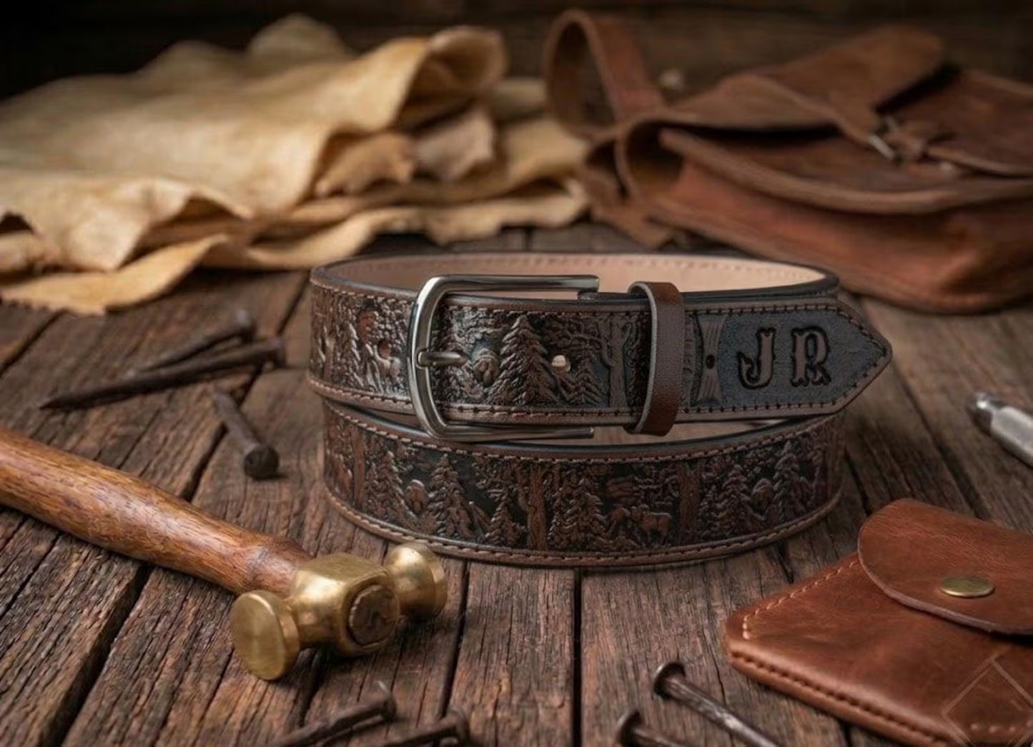 Wildlife Scene Leather Belt – Handmade Cowboy Belt