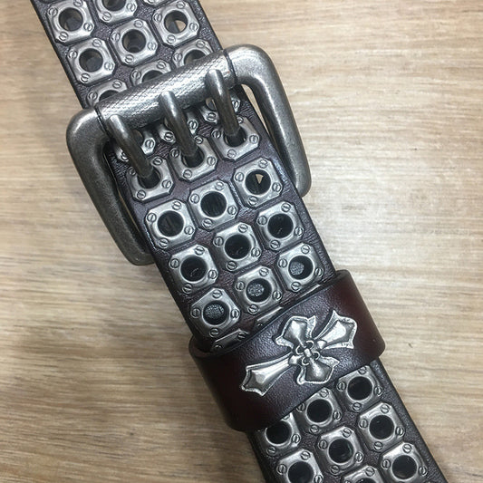Men’s Hollow Rivet Leather Belt – Cowhide Pin Buckle
