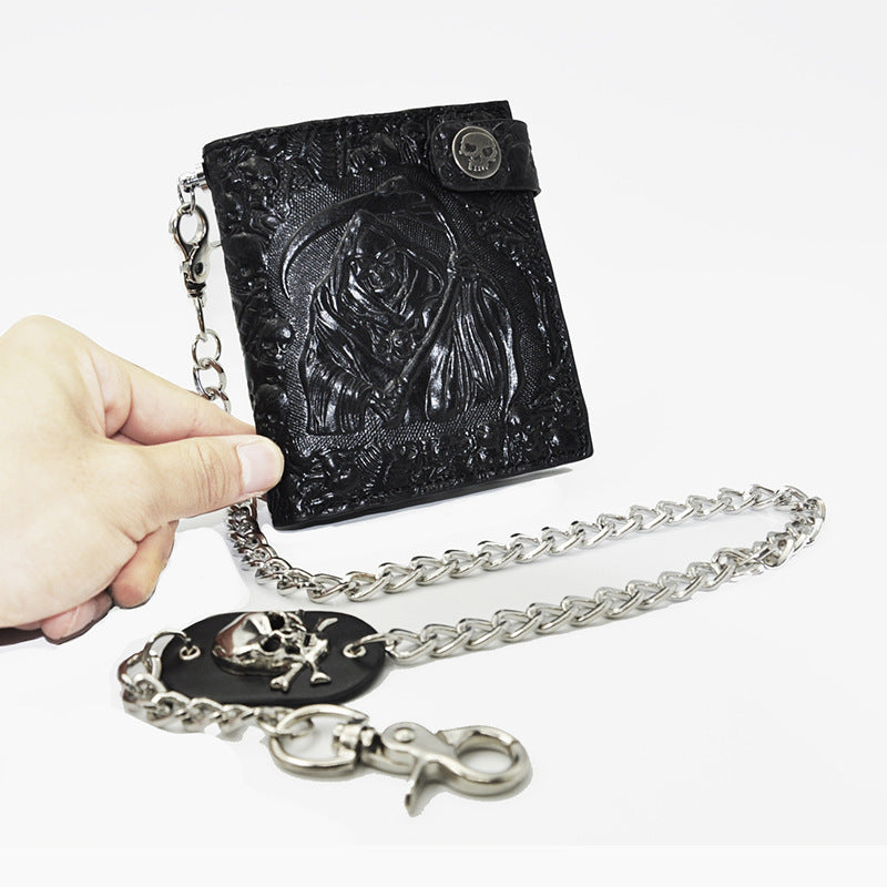 Retro Personality Men’s Wallet Demon – Skull Punk Rock Leather Chain Wallet, Anti-Theft Short Vertical Wallet