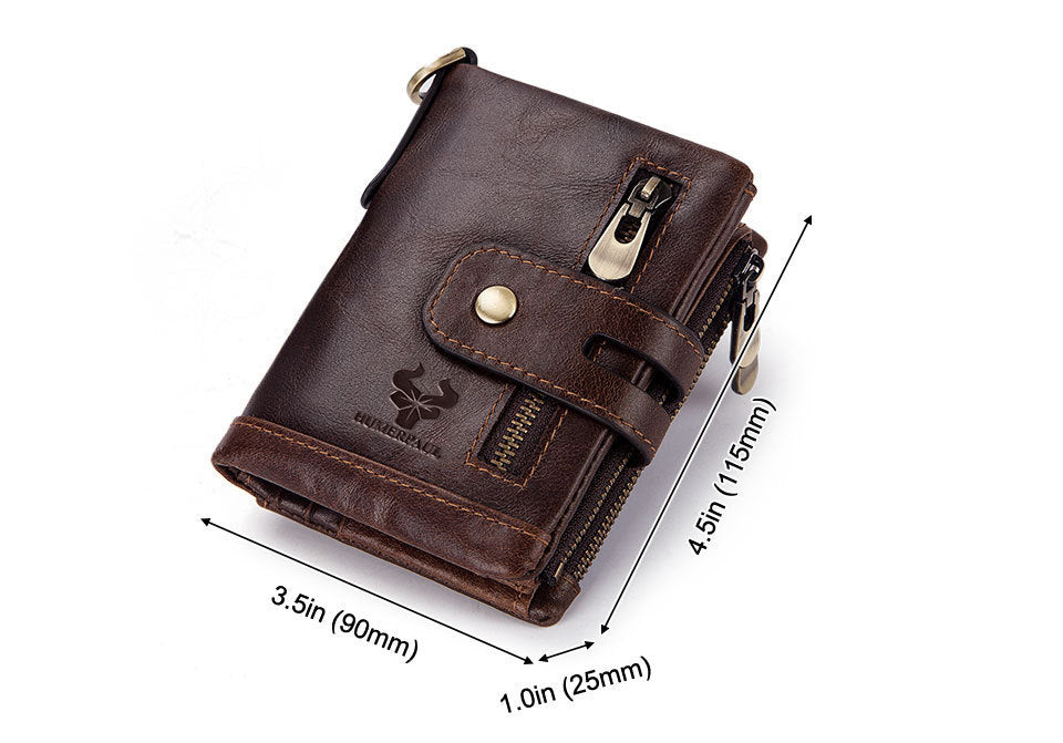 Men’s Bifold Genuine Leather Wallet with Double Zipper, RFID Blocking, Card Holder & Coin Pocket