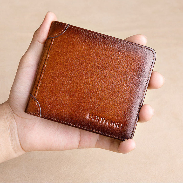 Men’s Short Leather Trifold Wallet, Large Capacity Top Layer Cowhide Horizontal Wallet