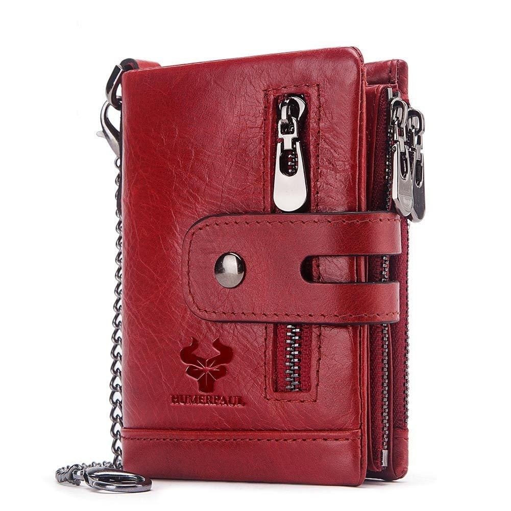 Men’s Bifold Genuine Leather Wallet with Double Zipper, RFID Blocking, Card Holder & Coin Pocket