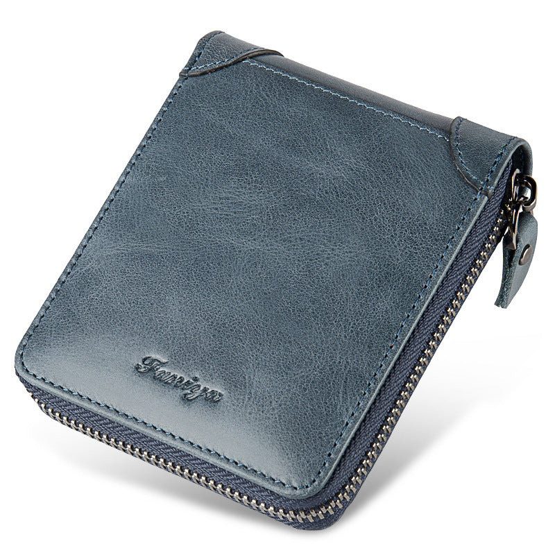 Men’s Short Leather Wallet – First Layer Cowhide, Zipper Design