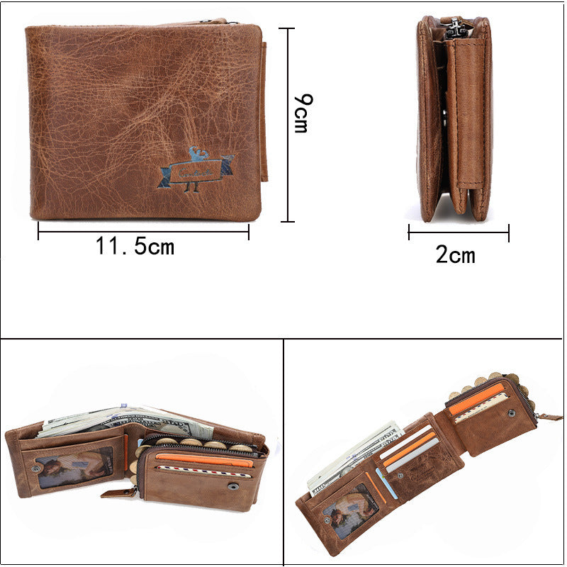 Vintage Crazy Horse Leather Tri-Fold Men’s Wallet with Zipper Coin Purse