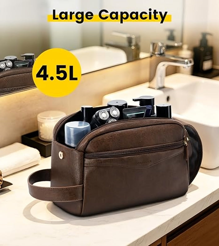 Dark Brown Leather Toiletry Bag with Wide Boxy Opening