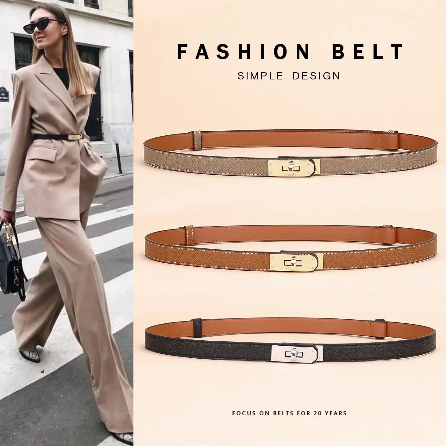 Women's Adjustable Western Brown Skinny Leather Belt with Gold Turn Lock Buckle