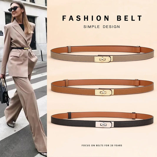 Women's Adjustable Western Brown Skinny Leather Belt with Gold Turn Lock Buckle
