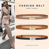 Women's Adjustable Western Brown Skinny Leather Belt with Gold Turn Lock Buckle